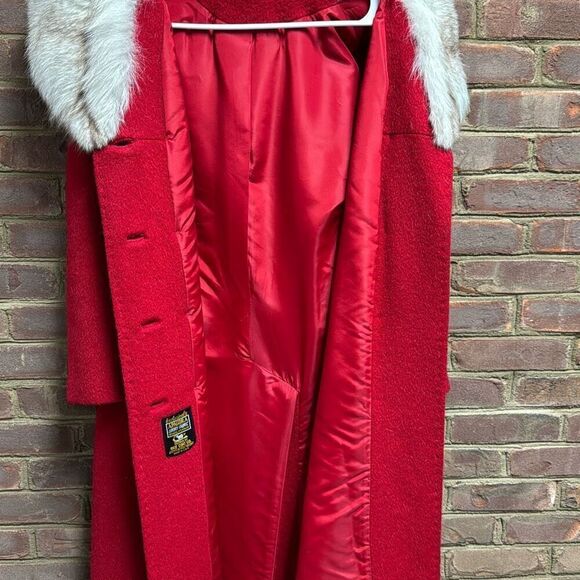 Vintage Red Apagora Luxury Wool Mohair Fur Collar Long Coat Size Medium - Picture 9 of 11